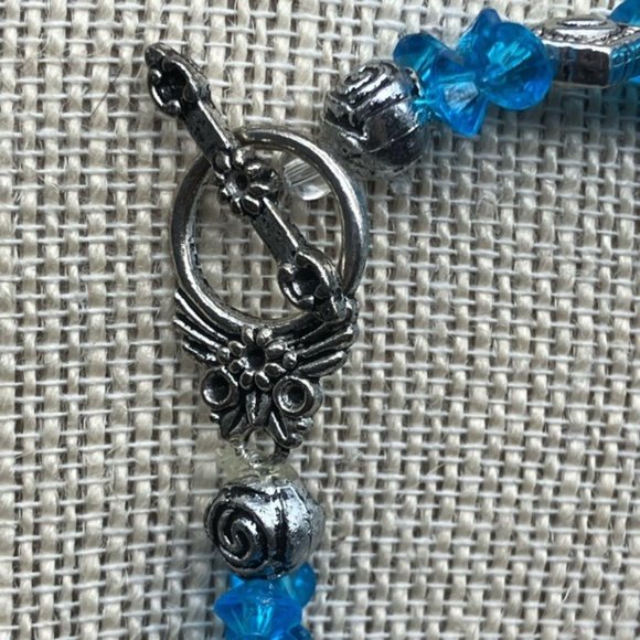 Toggle Bracelet 8 In Silver Diamond Flower Cyan Blue Faceted Bead Retro Cottage - Picture 2 of 5
